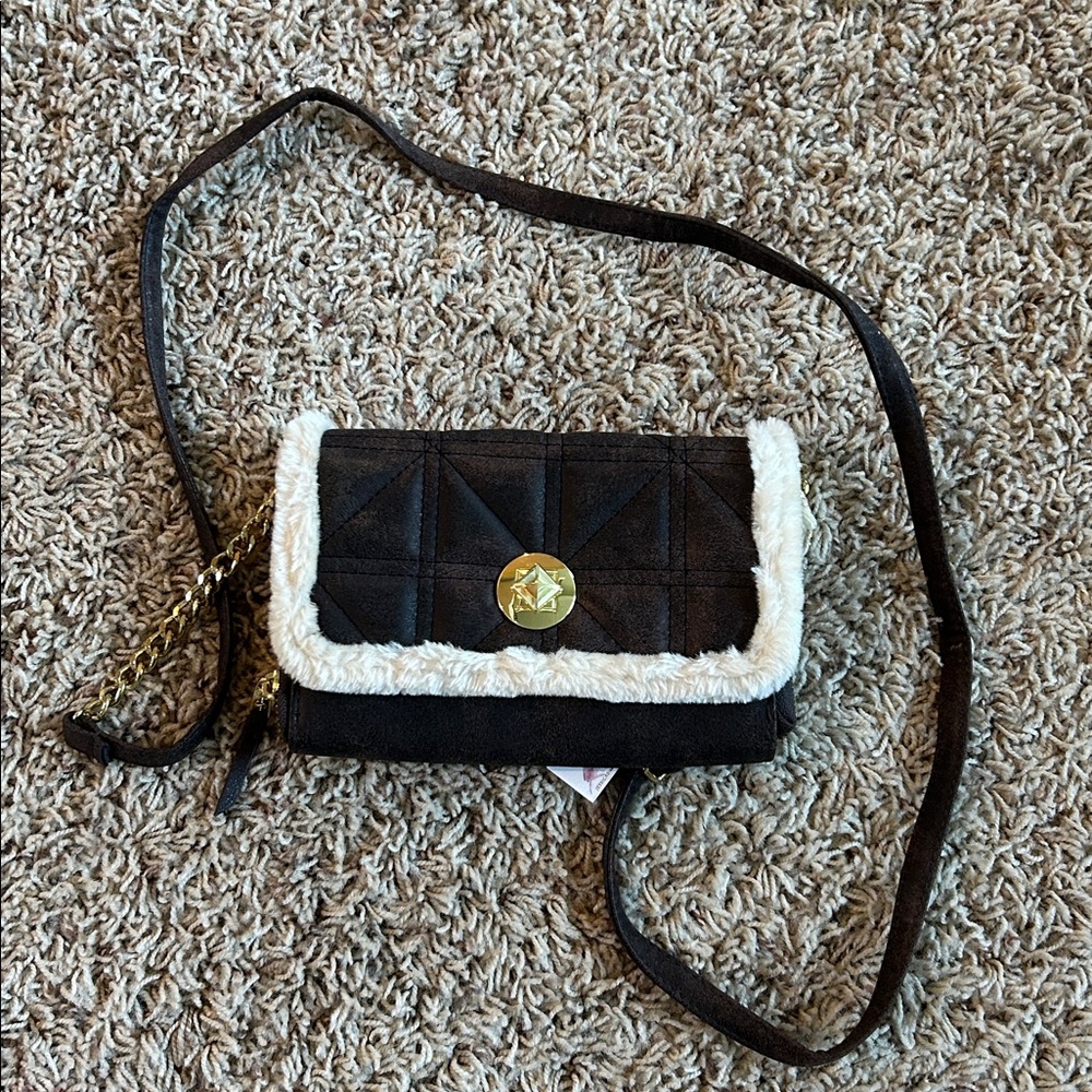 NWT Jessica Simpson Faux Suede Quilted Brown Convertible Crossbody Bag Faux Fur